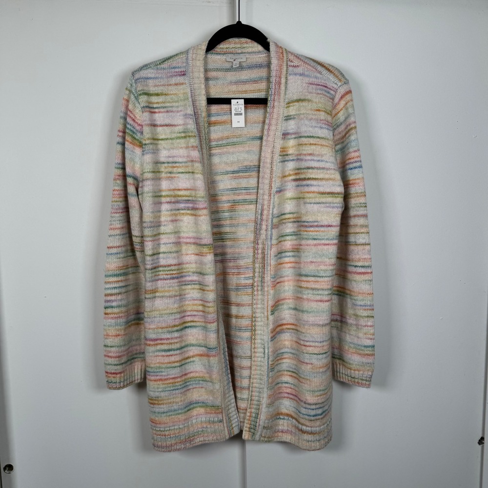 Talbots M Space Dye Open Front Cardigan Rainbow Stripe Longline Sweater
